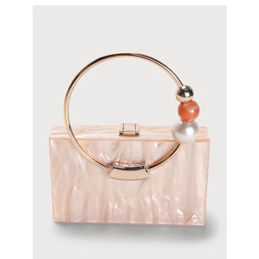 Lulu's Pearlescent Pink Acrylic Box Clutch with Gold Ring Handle